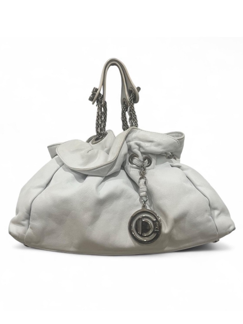 Dior Soft White Leather Shoulder Bag with Silver Chain Charm